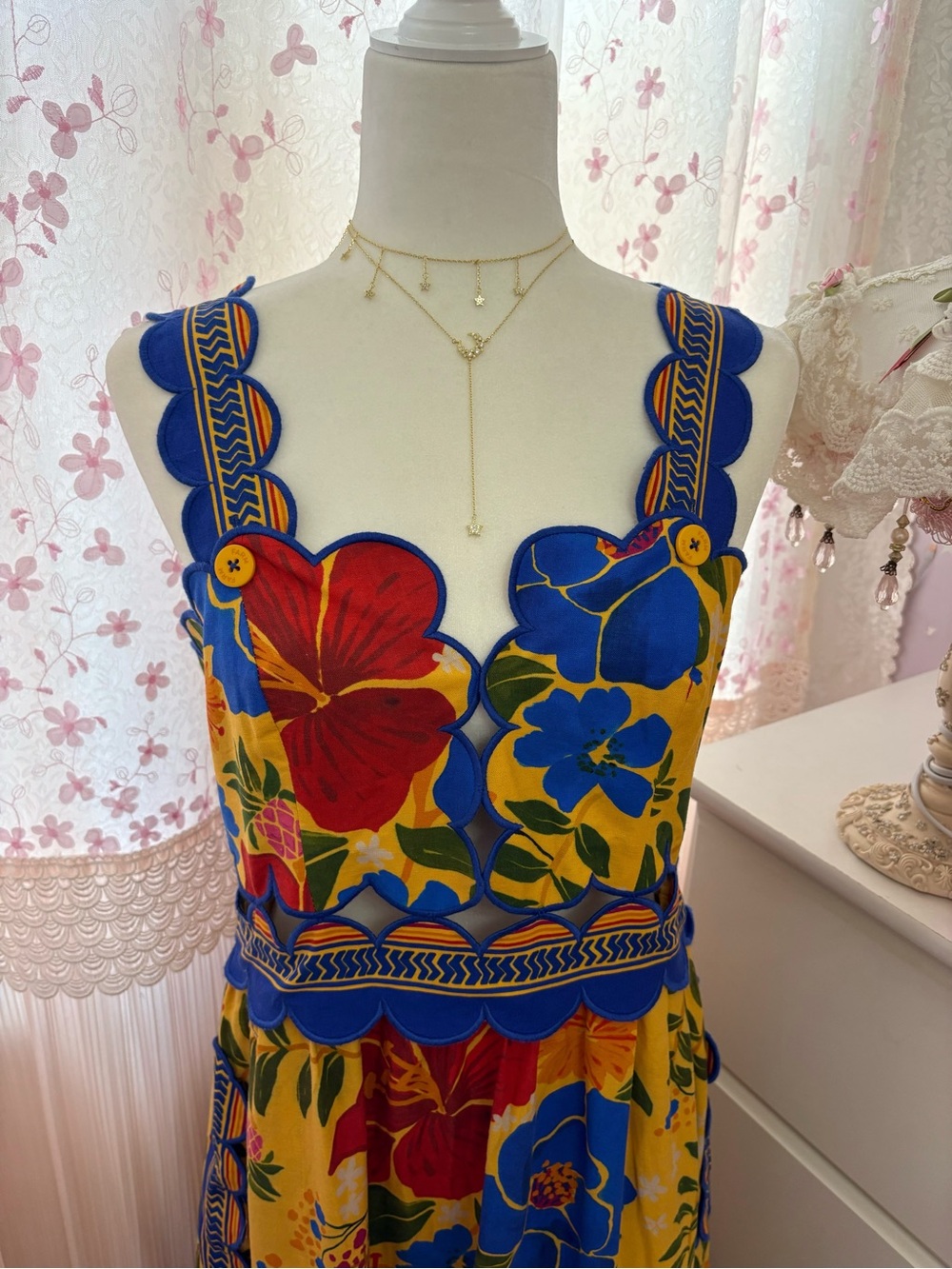 Farm Rio Cutout Floral Print Linen Blend Midi Dress - Picture 3 of 7